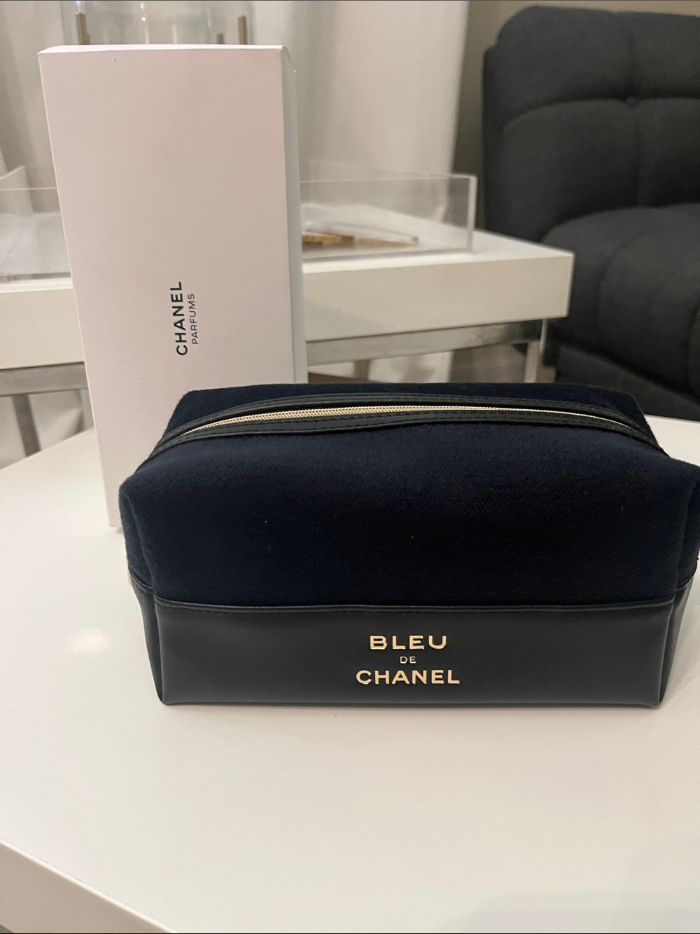 CHANEL Bleu Cosmetic Pouch in Navy & Black with Gold Logo